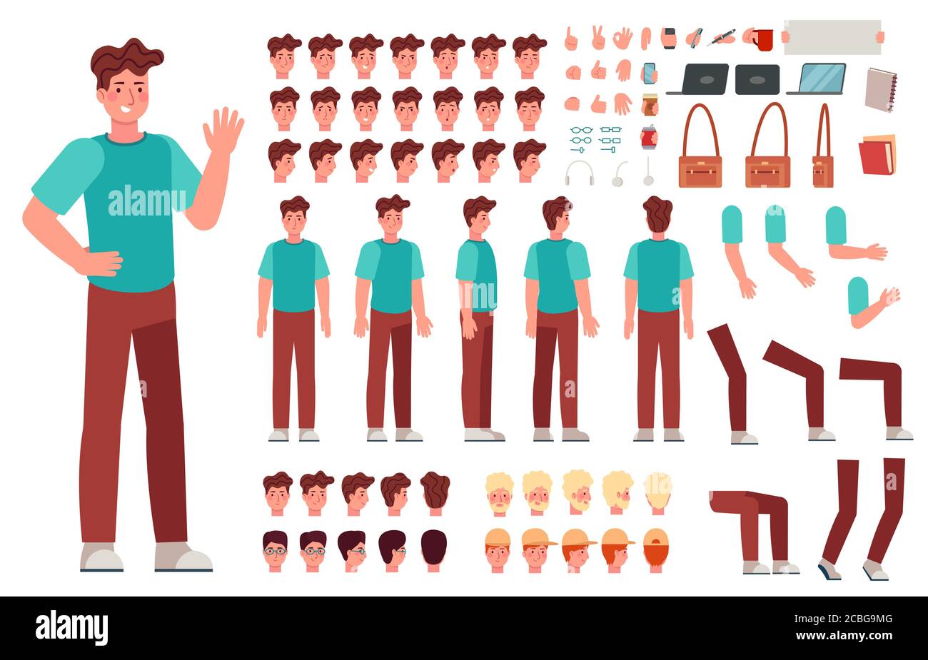 Cartoon männlichen Charakter-Kit. Mann Animation Körperteile, Kerl in Freizeitkleidung. Boy Konstruktor mit Handgesten und verschiedenen Köpfen Vektor-Set Stock Vektor