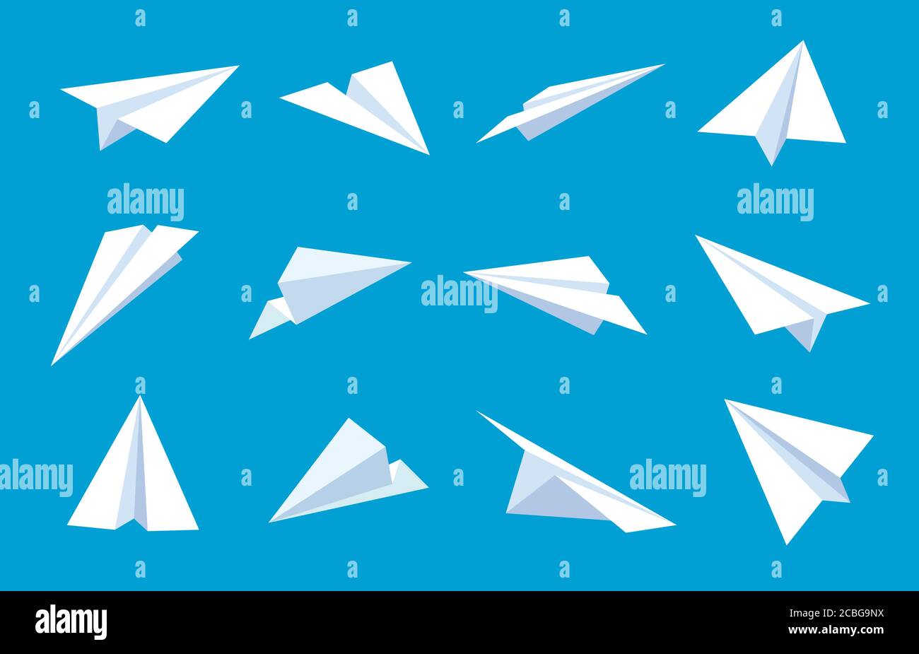 Papierebene. Fliegende Flugzeuge in blauem Himmel, weiße Papierflugzeuge aus verschiedenen Winkeln und Richtungen, Nachricht oder Reisen flache Vektor-Symbole Stock Vektor