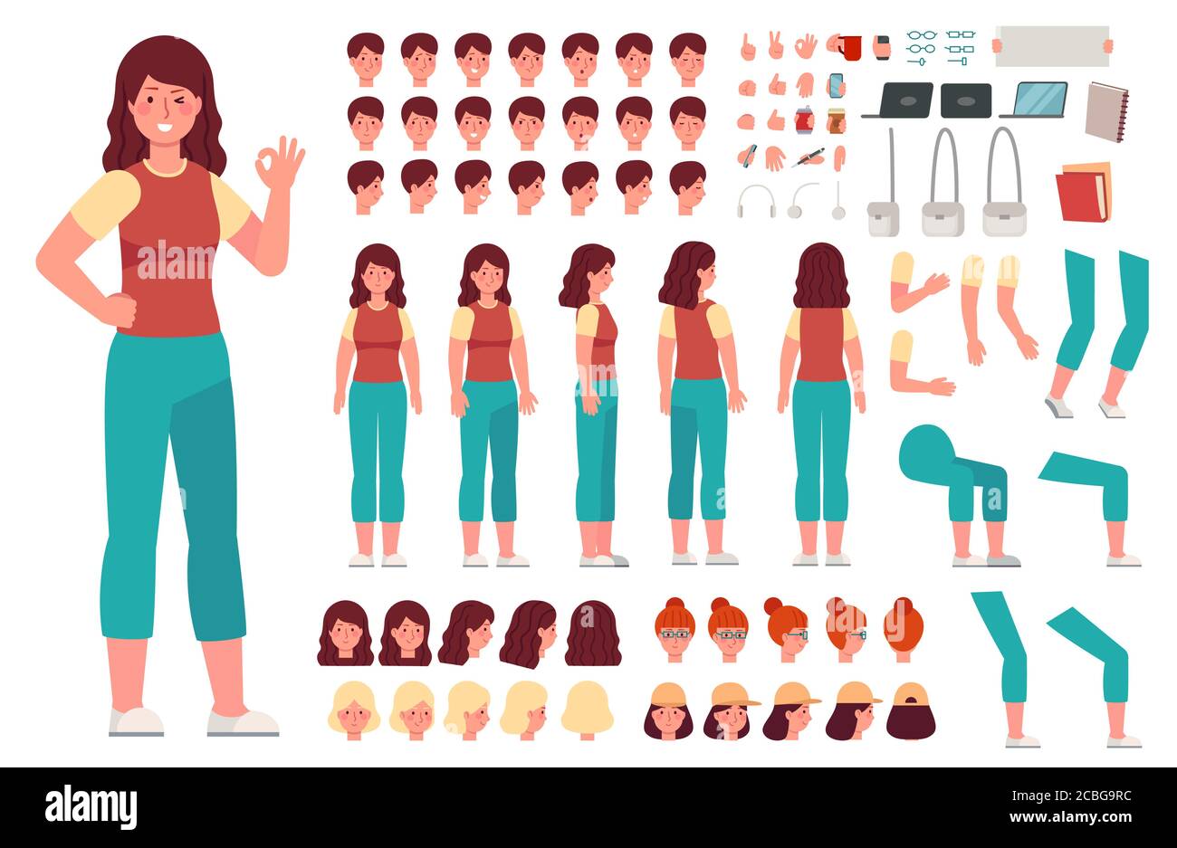Cartoon weibliche Figur-Kit. Frau Casual Kleidung Animation Körperteile. Mädchen Konstruktor mit Handgesten und verschiedenen Köpfen Vektor-Set Stock Vektor