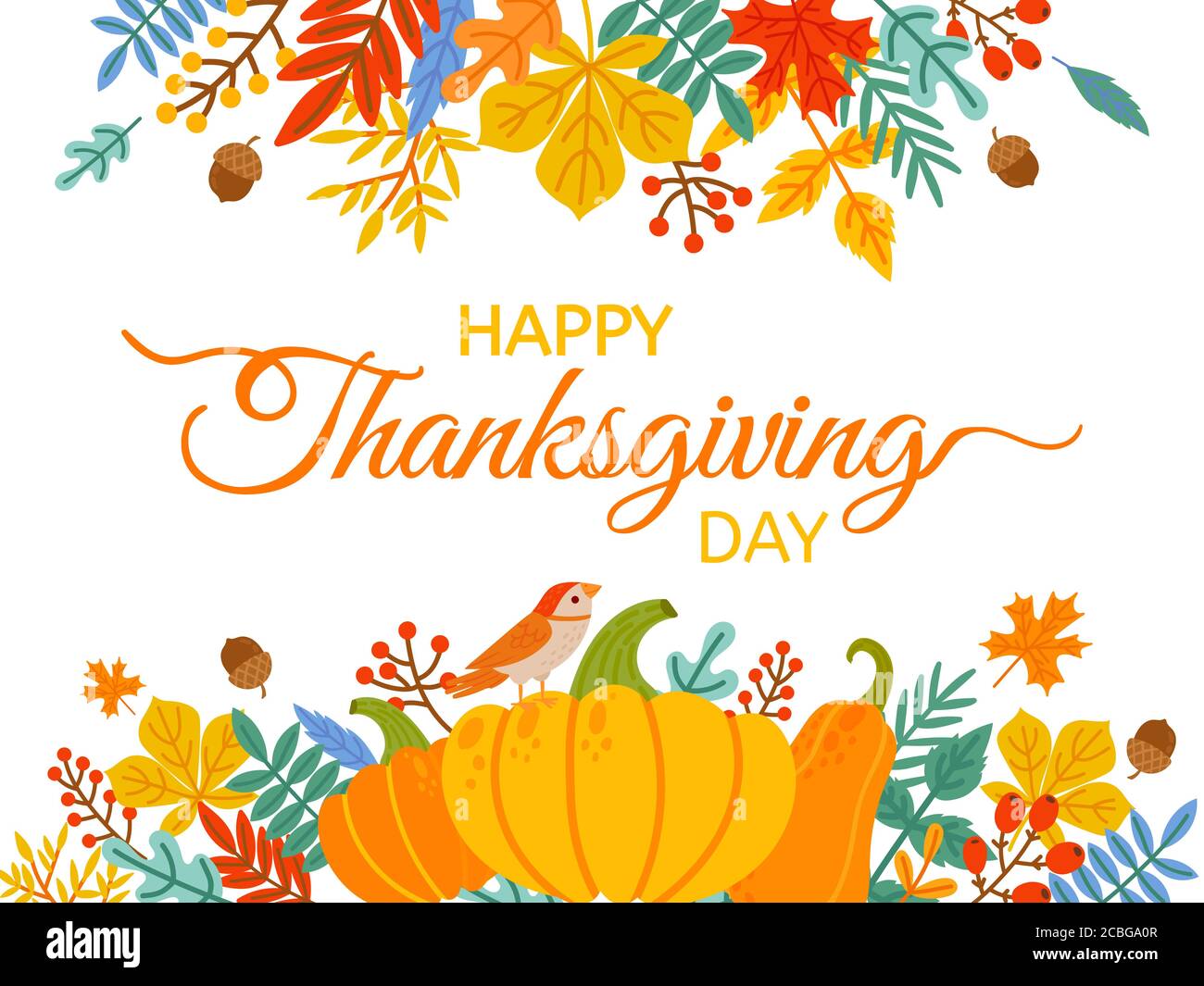 Erntedankfest. Handgezeichnet Happy Thanksgiving Cover mit Schriftzug und Feiertagselemente fallen gelbe Blätter und Beeren Vektor Hintergrund Stock Vektor