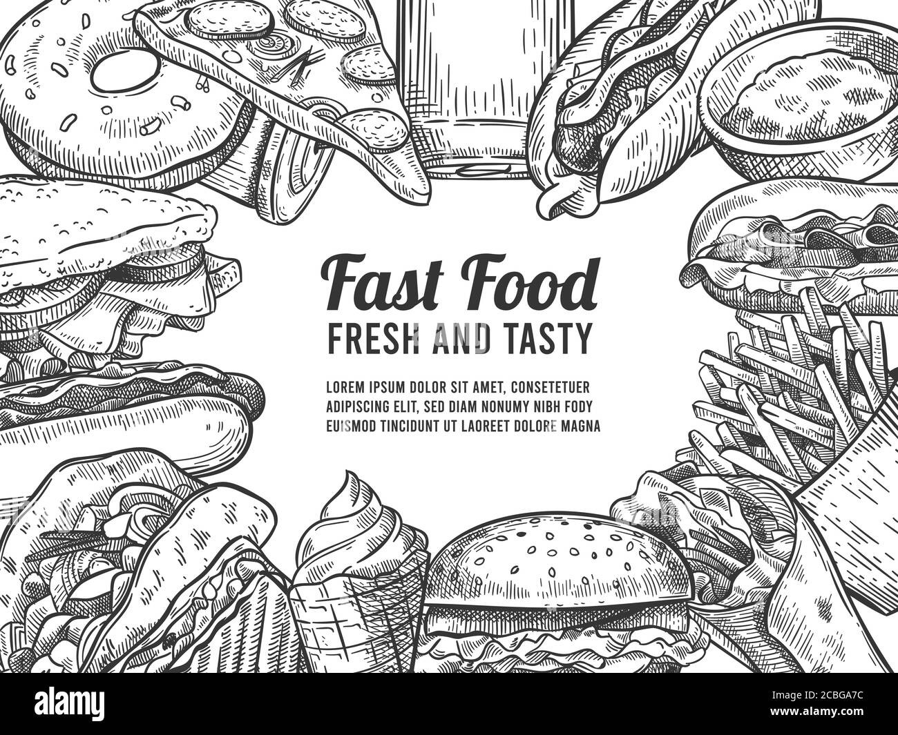 Fast Food-Skizze. Handgezogener Hotdog, Pizza und Donuts, Burger und Pommes, Eis und Cola. Junk-Food, Sonderangebot Vektor-Poster Stock Vektor