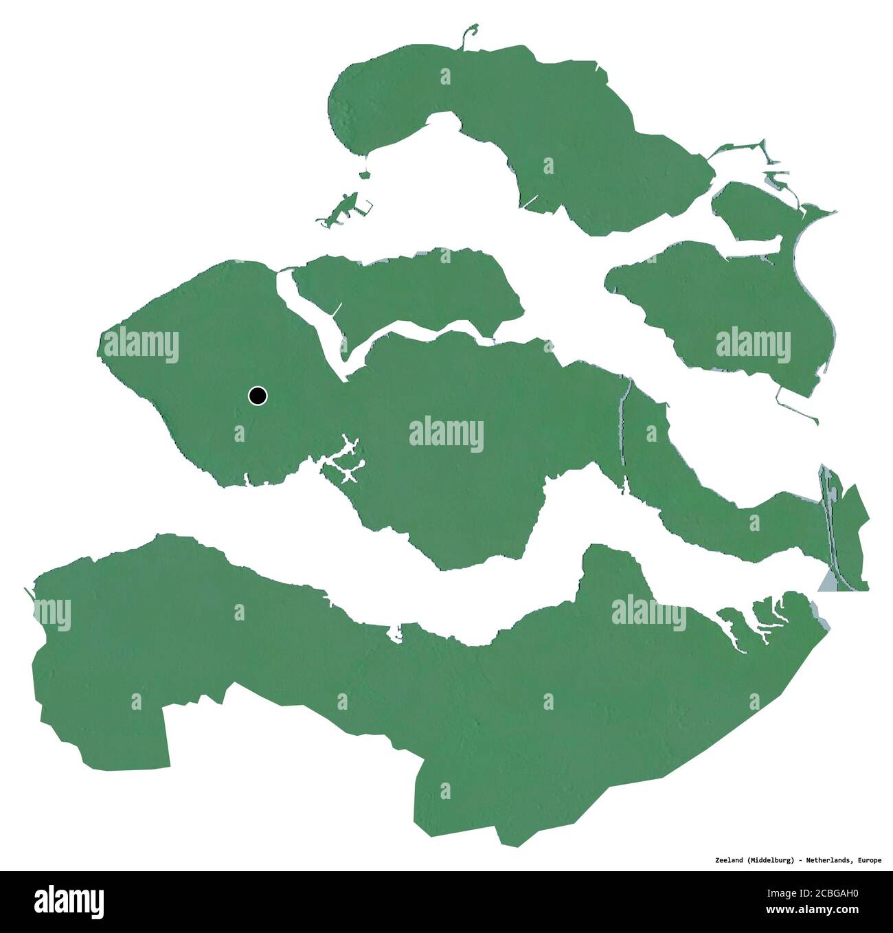Form von Zeeland, Provinz Niederlande, mit seiner Hauptstadt isoliert auf weißem Hintergrund. Topografische Reliefkarte. 3D-Rendering Stockfoto