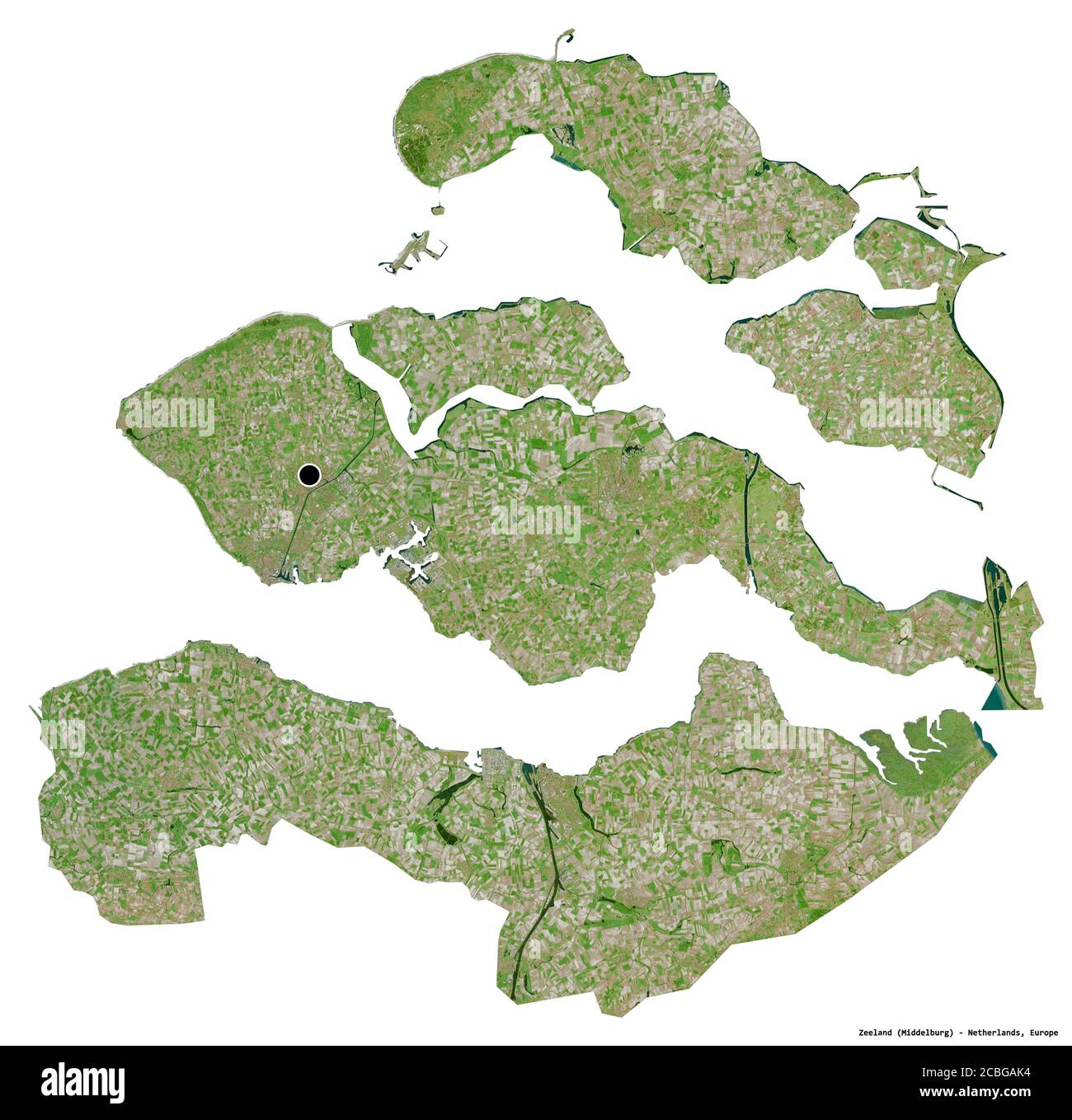 Form von Zeeland, Provinz Niederlande, mit seiner Hauptstadt isoliert auf weißem Hintergrund. Satellitenbilder. 3D-Rendering Stockfoto