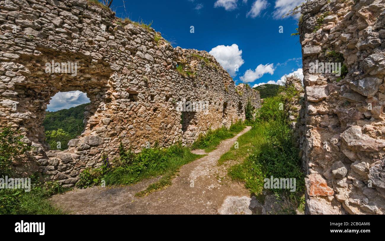 Burg Vrsatec (Vršatecký hrad), in der Nähe von Dorf Vršatské Podhradie und Stadt Pruske, Gebirge der Weißen Karpaten, Region Trencin, Slowakei Stockfoto