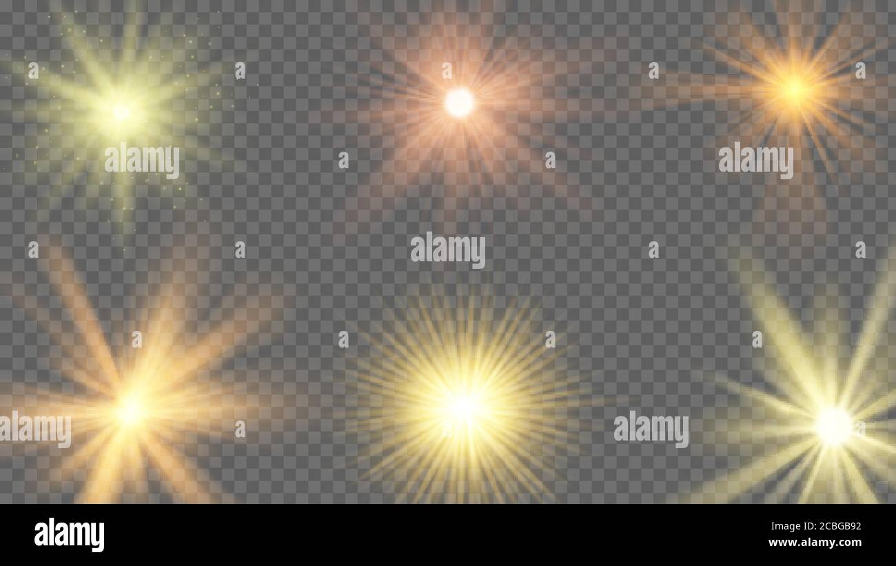 Sonnenstrahl-Effekt. Starburst gelber Glanz, Sonneneinstrahlung auf transparentem Hintergrund. Sonnenstrahlen, Sommer Wärme Sonnenstrahl Vektor-Set Stock Vektor