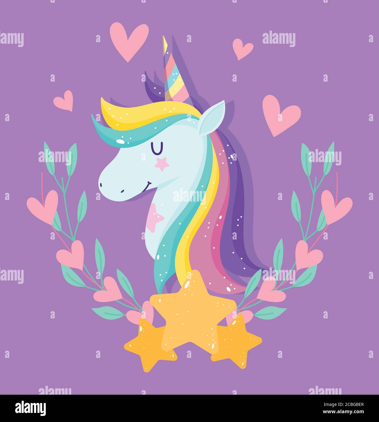 einhorn mit rosa Sternen Herzen Regenbogen Mähne floral Fantasy Cartoon vektorgrafik Stock Vektor