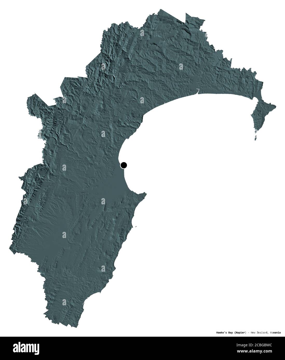 Form von Hawke's Bay, regionalrat von Neuseeland, mit seiner Hauptstadt isoliert auf weißem Hintergrund. Farbige Höhenkarte. 3D-Rendering Stockfoto