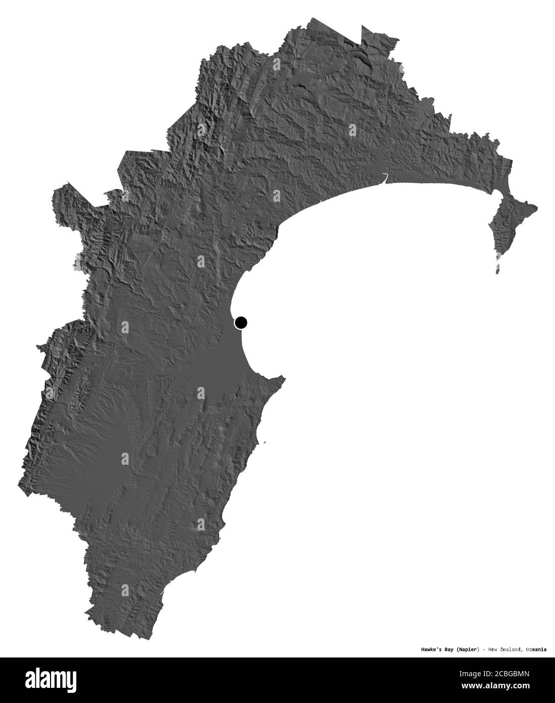Form von Hawke's Bay, regionalrat von Neuseeland, mit seiner Hauptstadt isoliert auf weißem Hintergrund. Höhenkarte mit zwei Ebenen. 3D-Rendering Stockfoto
