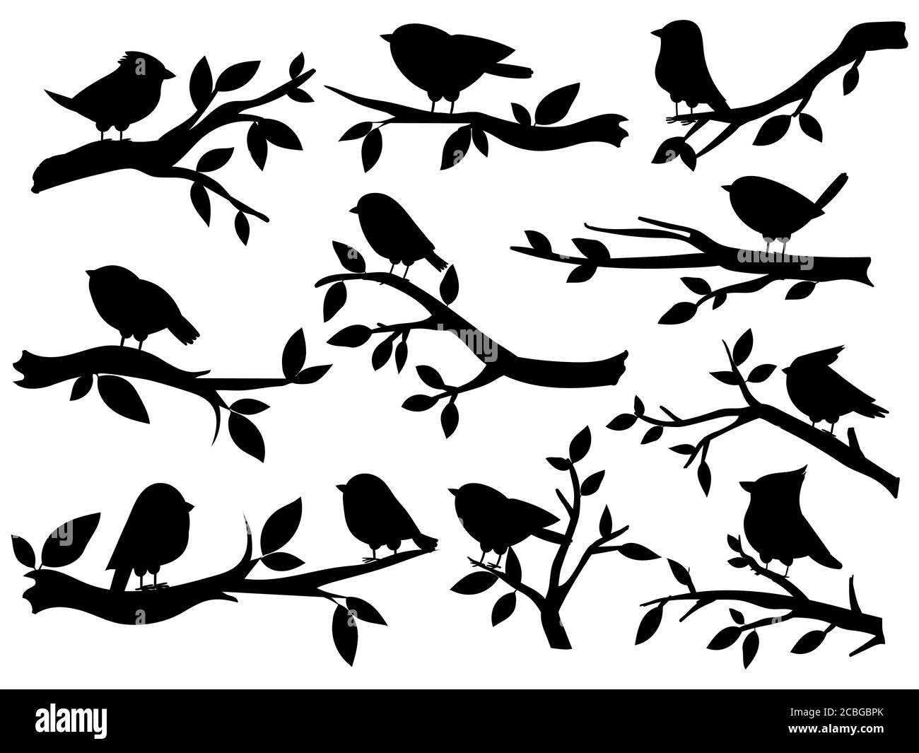 Silhouetten von Vögeln und Zweigen. Niedliche Vögel und Ast, romantisches Frühlingsbild, schwarze Spatzen auf Baum, Gartendekor Retro-Kunst, Vektor-Set Stock Vektor