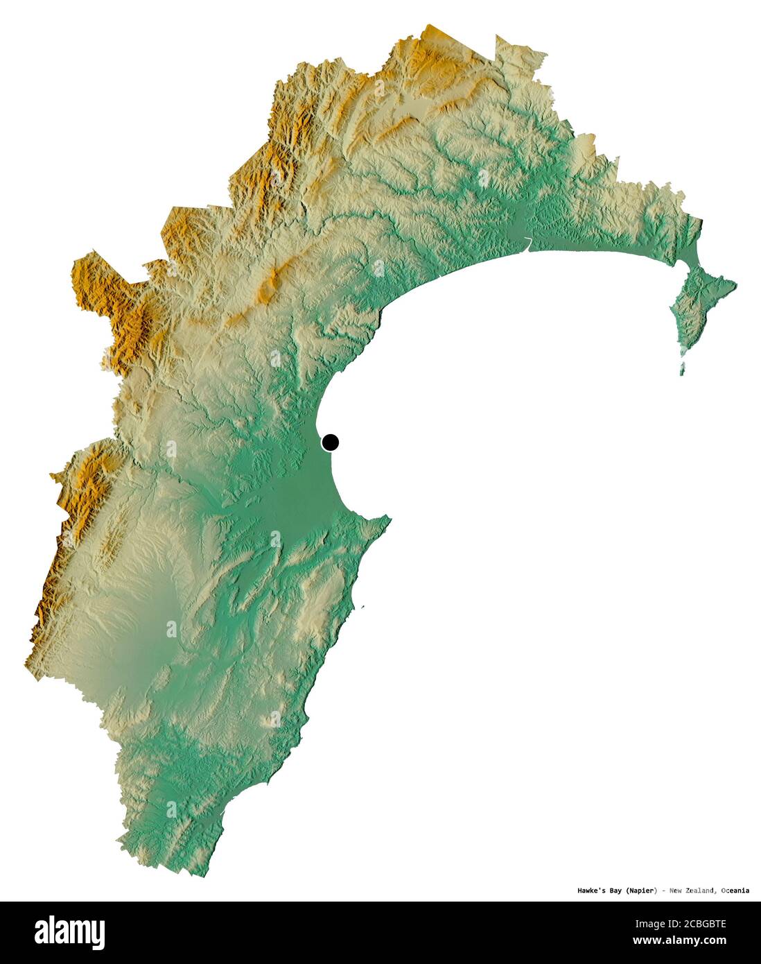 Form von Hawke's Bay, regionalrat von Neuseeland, mit seiner Hauptstadt isoliert auf weißem Hintergrund. Topografische Reliefkarte. 3D-Rendering Stockfoto