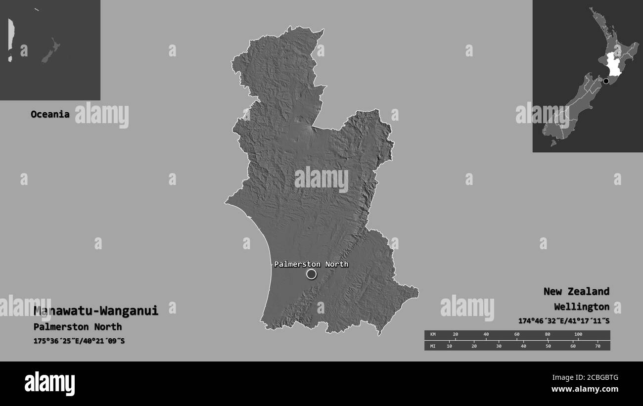 Form von Manawatu-Wanganui, regionalrat von Neuseeland, und seine Hauptstadt. Entfernungsskala, Vorschauen und Beschriftungen. Höhenkarte mit zwei Ebenen. 3D-Rendering Stockfoto