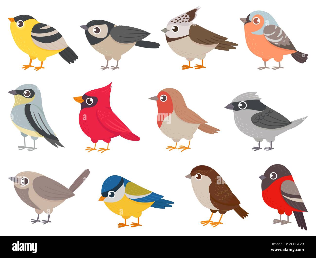 Niedliche Vögel. Handgezeichnete kleine bunte Vögel, Tiere Zeichen für Druckkarte, Gartendekoration. Elemente für kindliche Poster Vektor-Set Stock Vektor