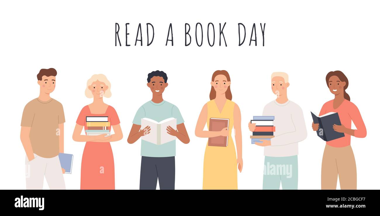 Lesen Sie einen Buchtag. Menschen stehen mit Büchern, junge Männer und Frauen lesen Bücher Kulturfestival Welt Buch Tag Bildung Hobby Vektor-Konzept Stock Vektor