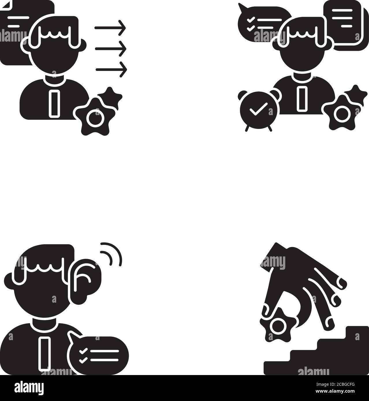 Entwicklung von beruflichen Fähigkeiten schwarze Glyphen-Symbole auf weißem Raum gesetzt Stock Vektor