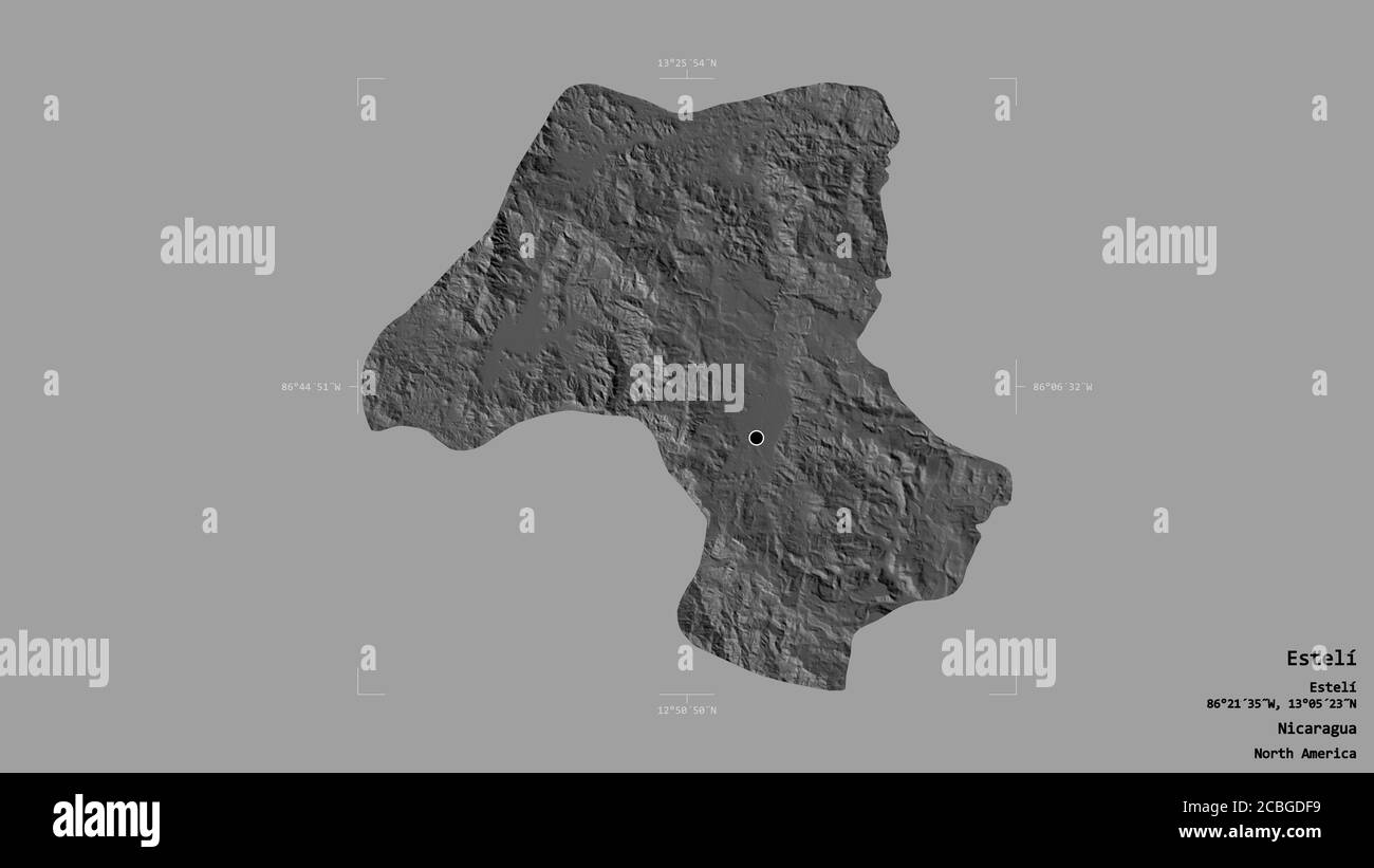 Fläche von Estelí, Abteilung Nicaragua, isoliert auf einem soliden Hintergrund in einem georeferenzierten Begrenzungsrahmen. Beschriftungen. Höhenkarte mit zwei Ebenen. 3D-Rendering Stockfoto