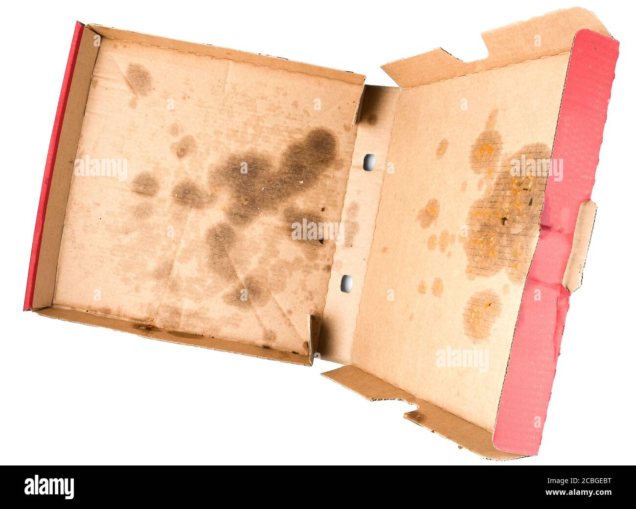 Oben Blick auf fettige leere Lieferung Pizzabox Stockfoto
