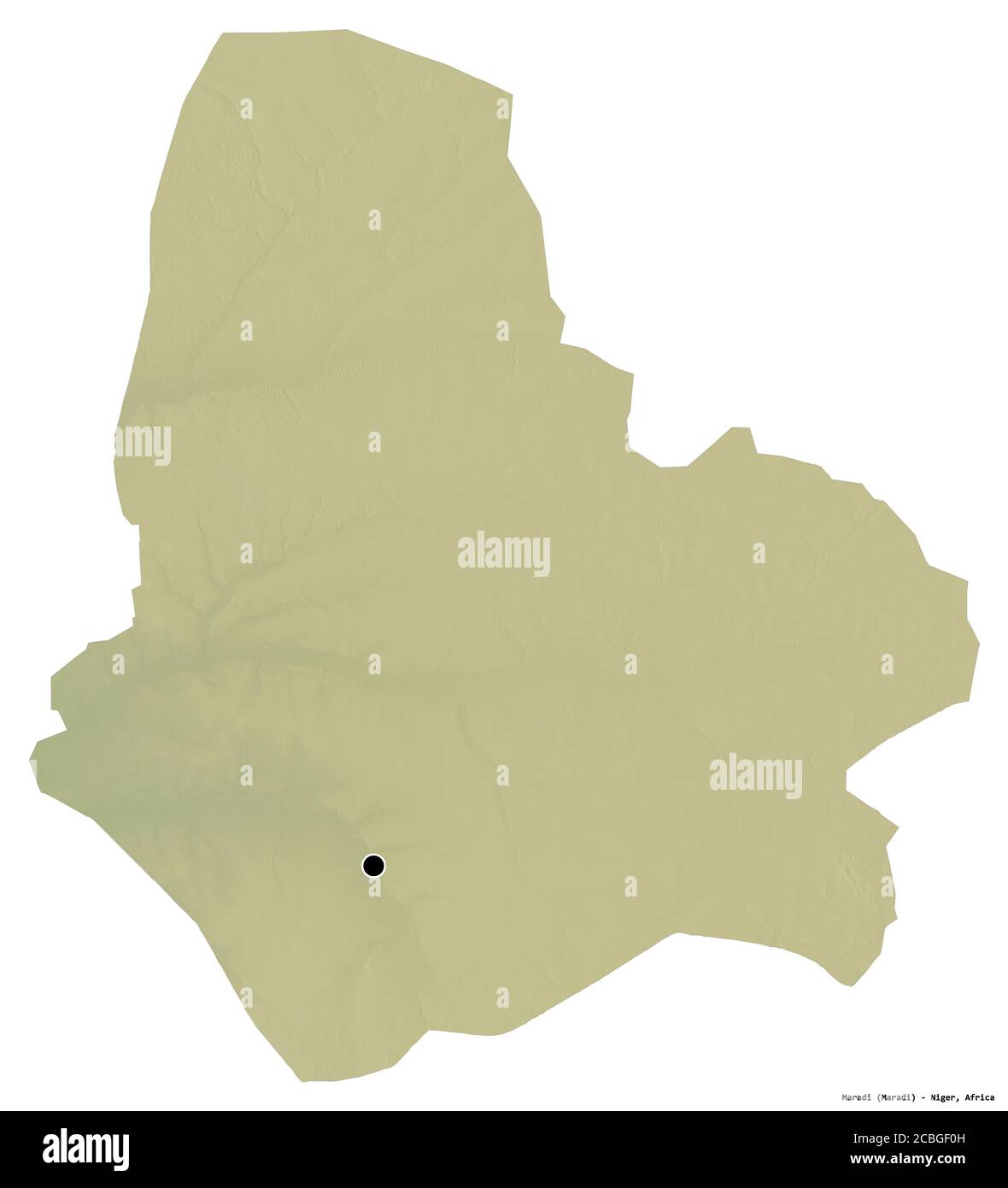 Form von Maradi, Department of Niger, mit seiner Hauptstadt isoliert auf weißem Hintergrund. Topografische Reliefkarte. 3D-Rendering Stockfoto