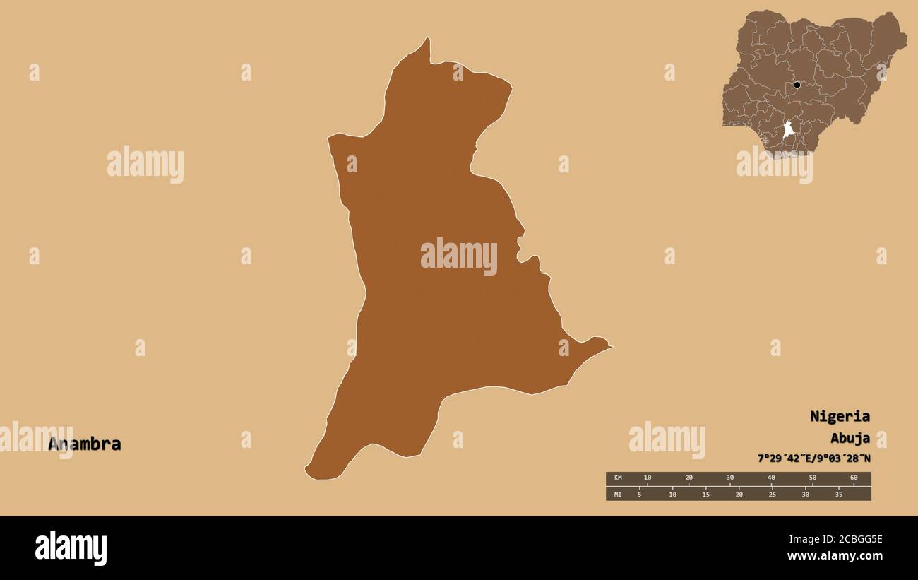 Form von Anambra, Bundesstaat Nigeria, mit seiner Hauptstadt isoliert auf festem Hintergrund. Entfernungsskala, Regionenvorschau und Beschriftungen. Zusammensetzung von regelmäßig Stockfoto