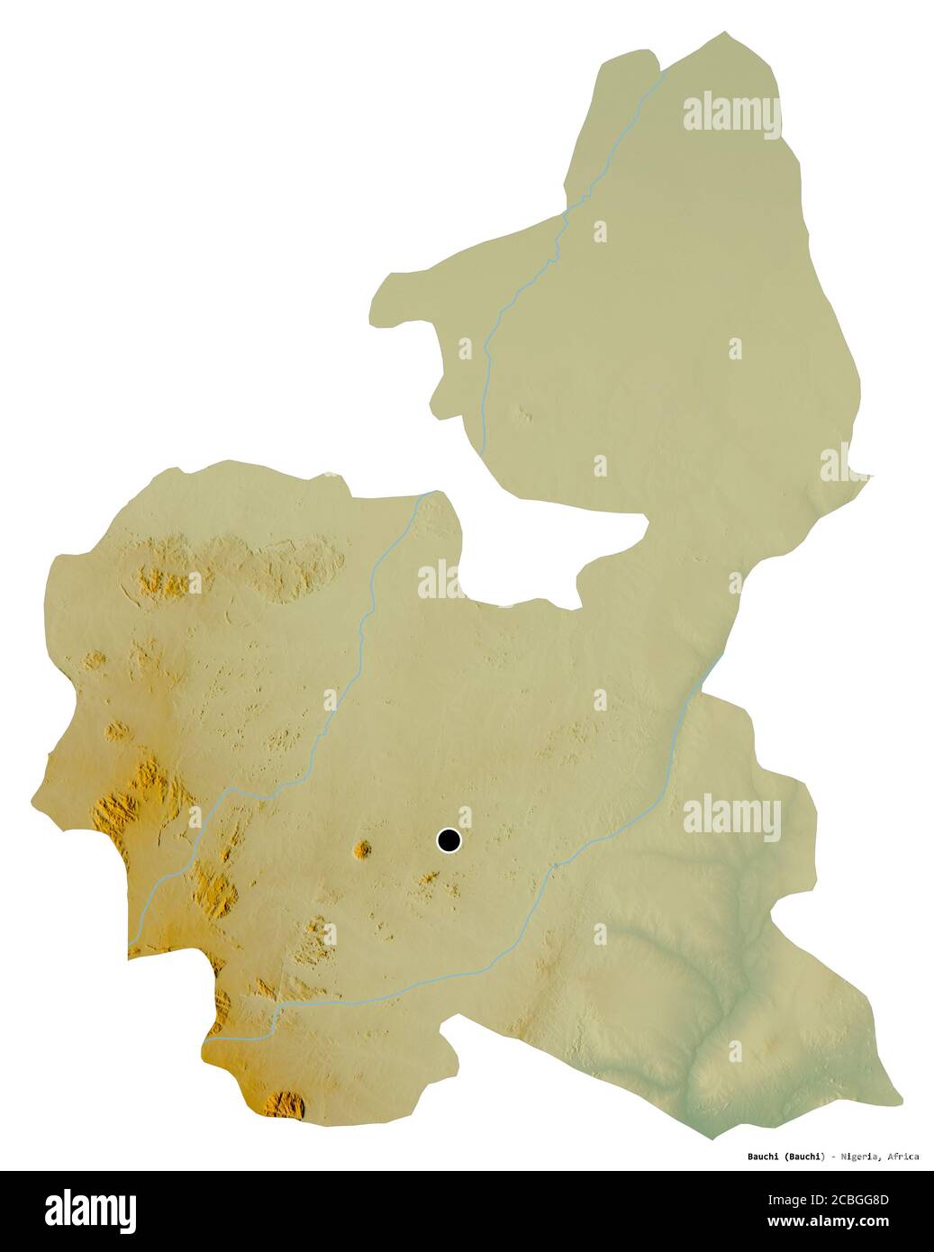 Form von Bauchi, Bundesstaat Nigeria, mit seiner Hauptstadt isoliert auf weißem Hintergrund. Topografische Reliefkarte. 3D-Rendering Stockfoto