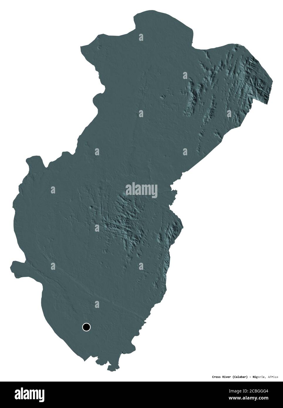 Form des Cross River, Bundesstaat Nigeria, mit seiner Hauptstadt isoliert auf weißem Hintergrund. Farbige Höhenkarte. 3D-Rendering Stockfoto