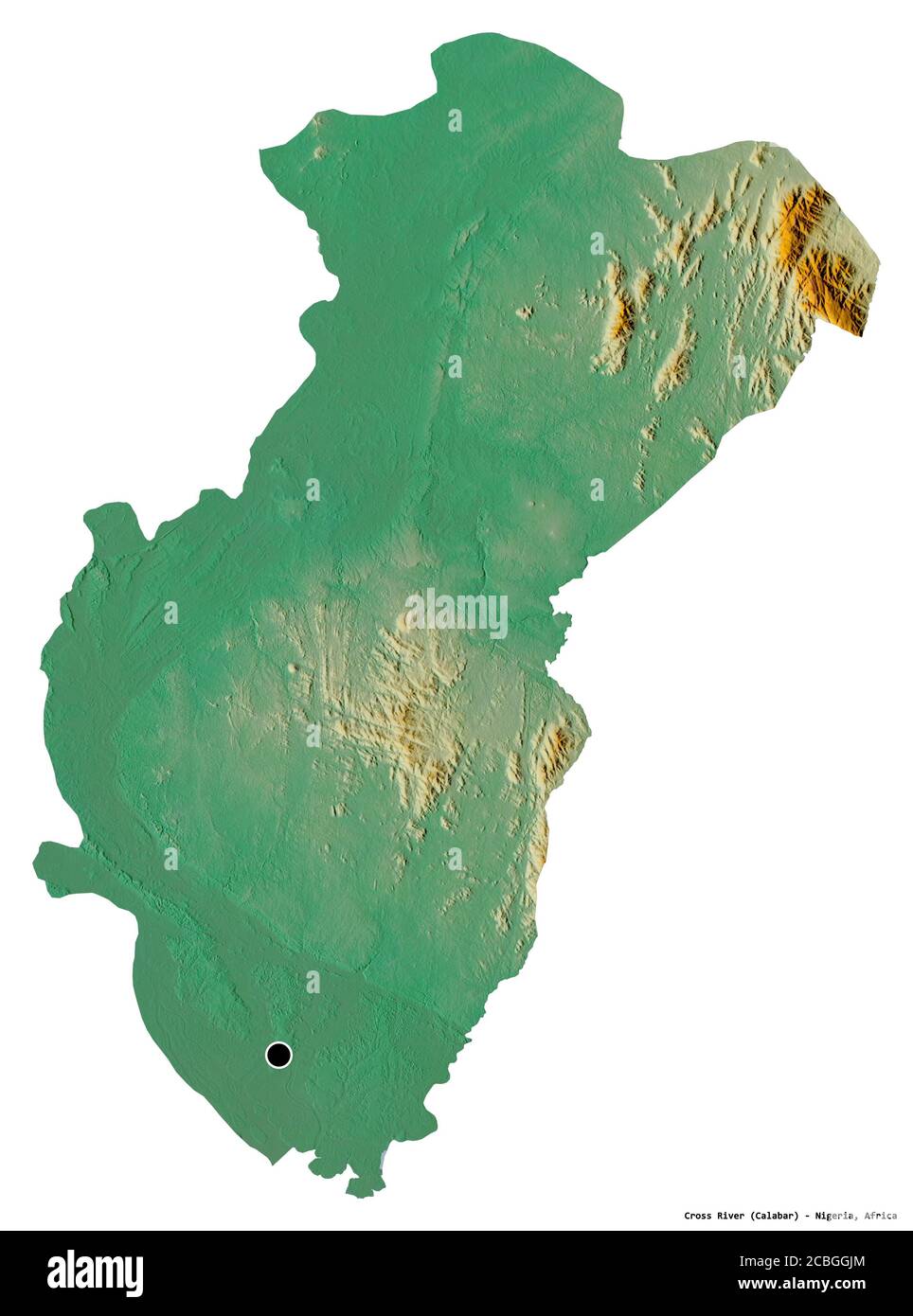 Form des Cross River, Bundesstaat Nigeria, mit seiner Hauptstadt isoliert auf weißem Hintergrund. Topografische Reliefkarte. 3D-Rendering Stockfoto