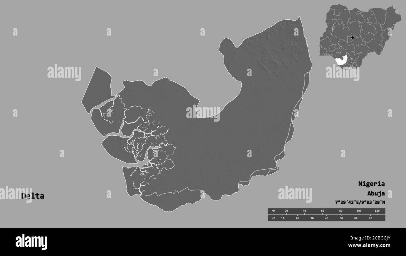 Form von Delta, Bundesstaat Nigeria, mit seiner Hauptstadt isoliert auf festem Hintergrund. Entfernungsskala, Regionenvorschau und Beschriftungen. Höhenkarte mit zwei Ebenen. 3D Stockfoto