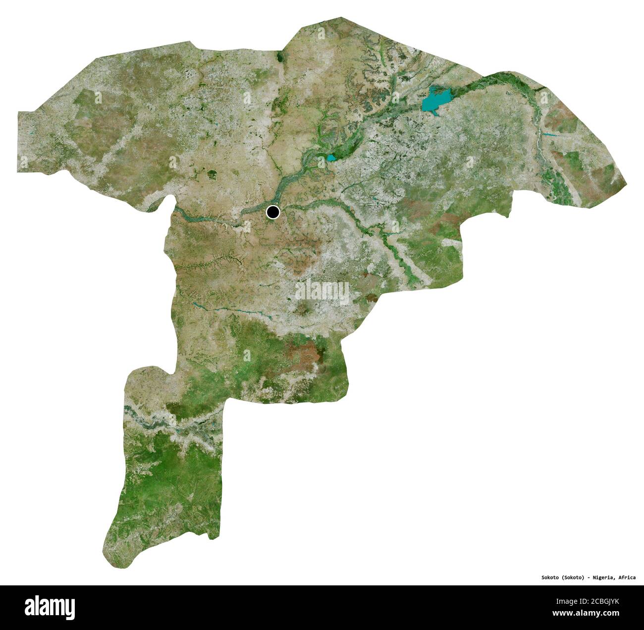 Form von Sokoto, Bundesstaat Nigeria, mit seiner Hauptstadt isoliert auf weißem Hintergrund. Satellitenbilder. 3D-Rendering Stockfoto
