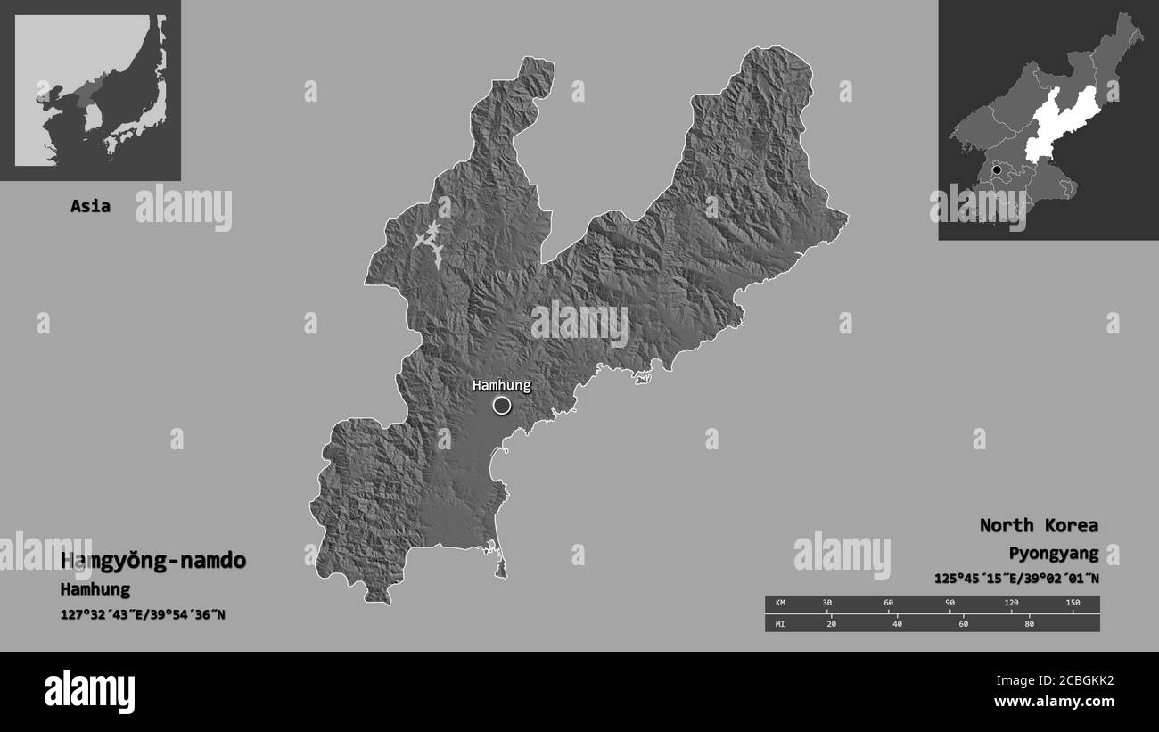 Form von Hamgyŏng-namdo, Provinz Nordkorea, und seiner Hauptstadt. Entfernungsskala, Vorschauen und Beschriftungen. Höhenkarte mit zwei Ebenen. 3D-Rendering Stockfoto