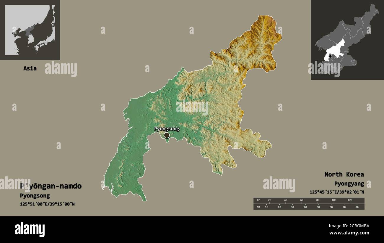 Form von P'yŏngan-namdo, Provinz von Nordkorea, und seine Hauptstadt. Entfernungsskala, Vorschauen und Beschriftungen. Topografische Reliefkarte. 3D-Rendering Stockfoto