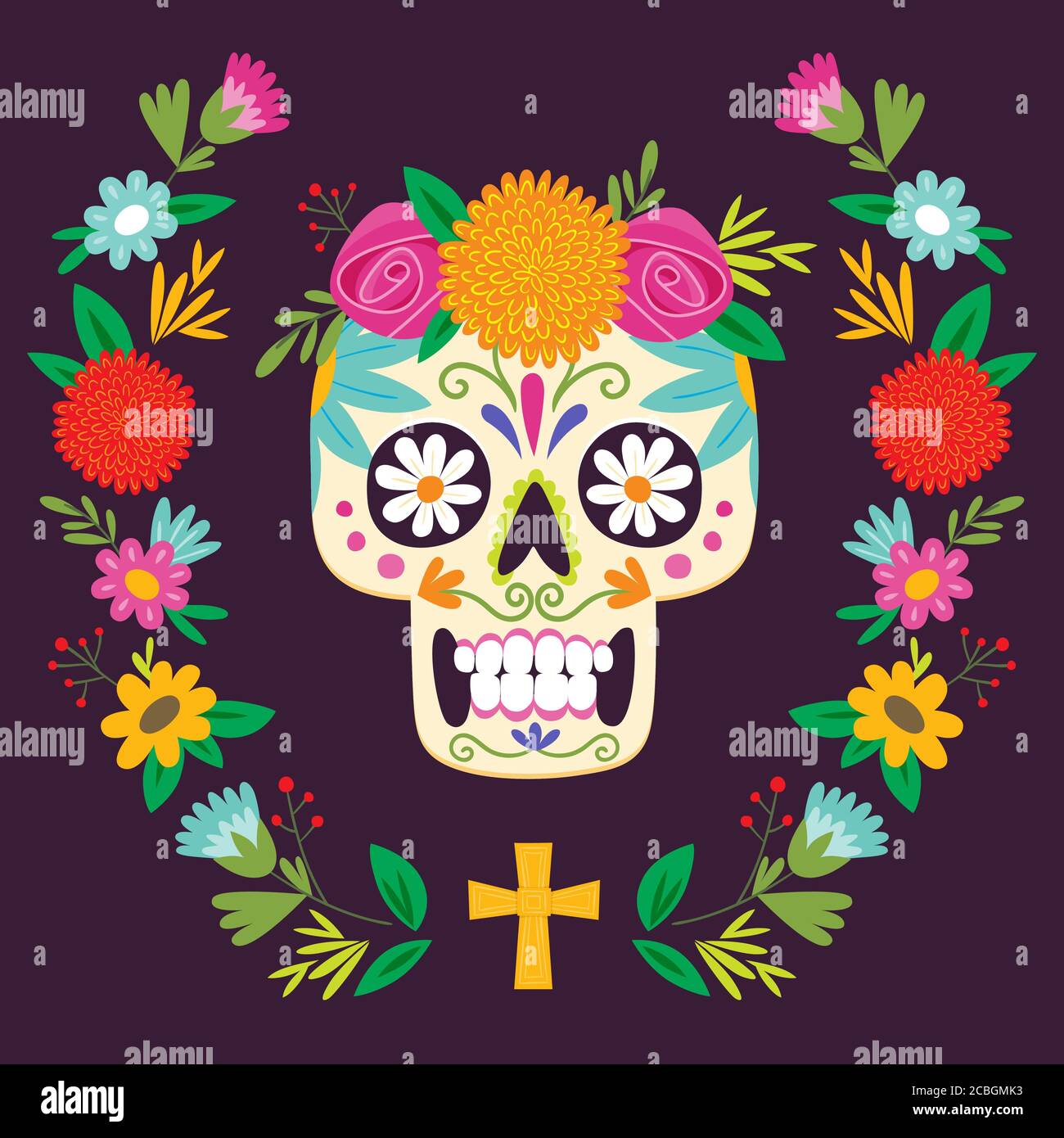 Plakat 'Dia de los Muertos' (Tag der Toten). Mexikanischer Zucker Totenkopf mit floraler Dekoration. Vektorgrafik. Stock Vektor