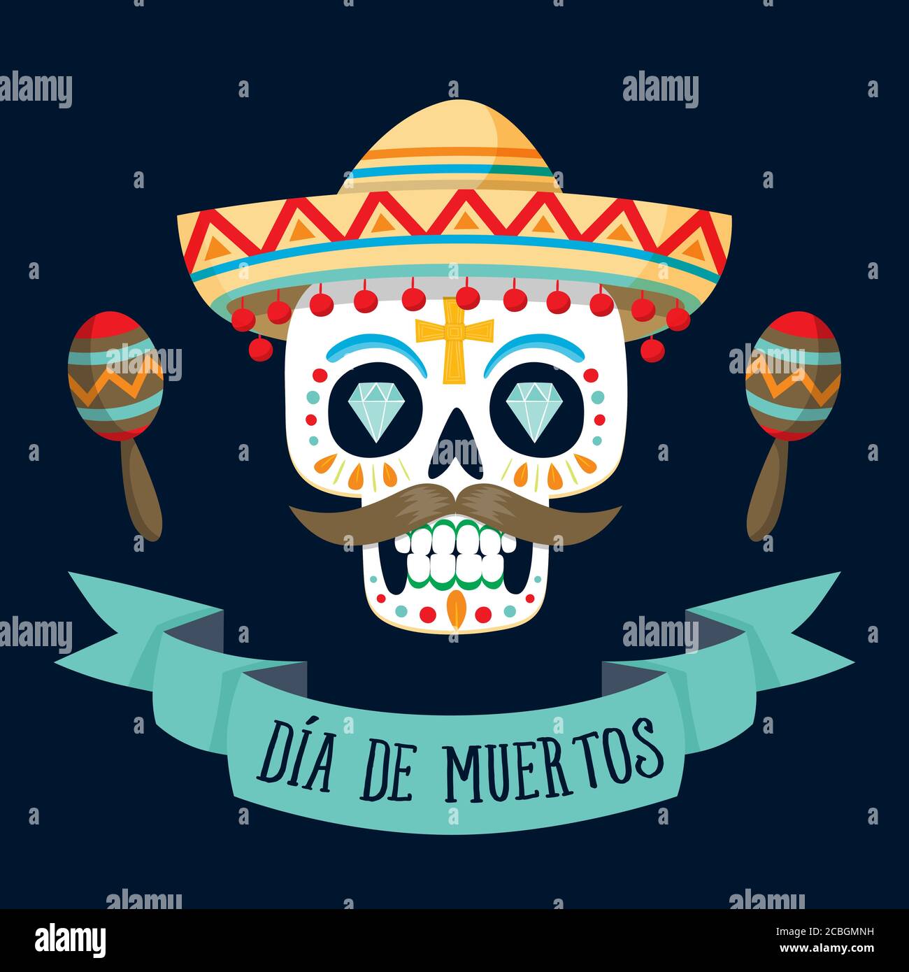 'Dia de los Muertos' (Tag der Toten) Karte mit spanischem Text. Mexikanischer Zuckerschädel mit 