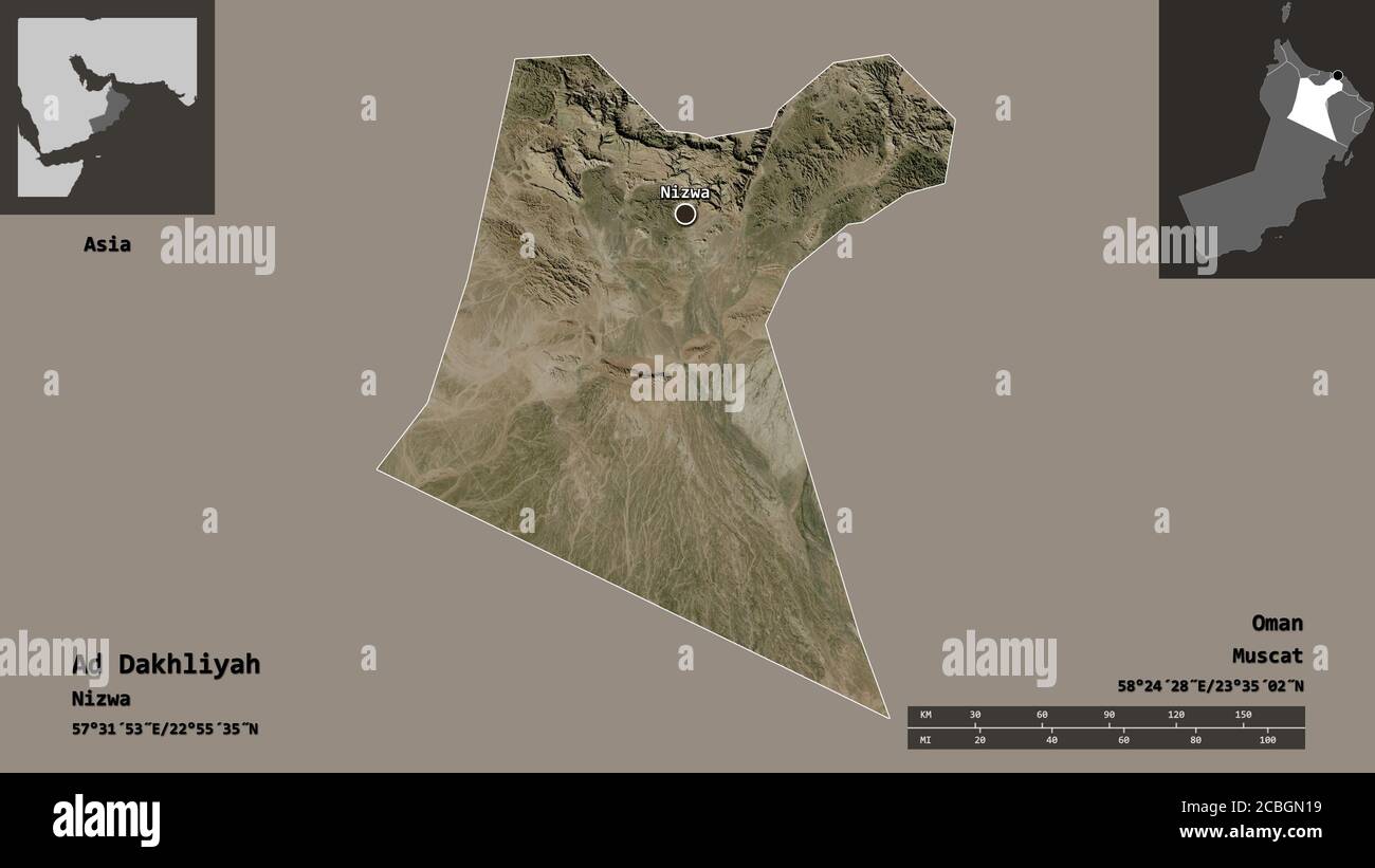 Form von Ad Dakhliyah, Region Oman, und seine Hauptstadt. Entfernungsskala, Vorschauen und Beschriftungen. Satellitenbilder. 3D-Rendering Stockfoto