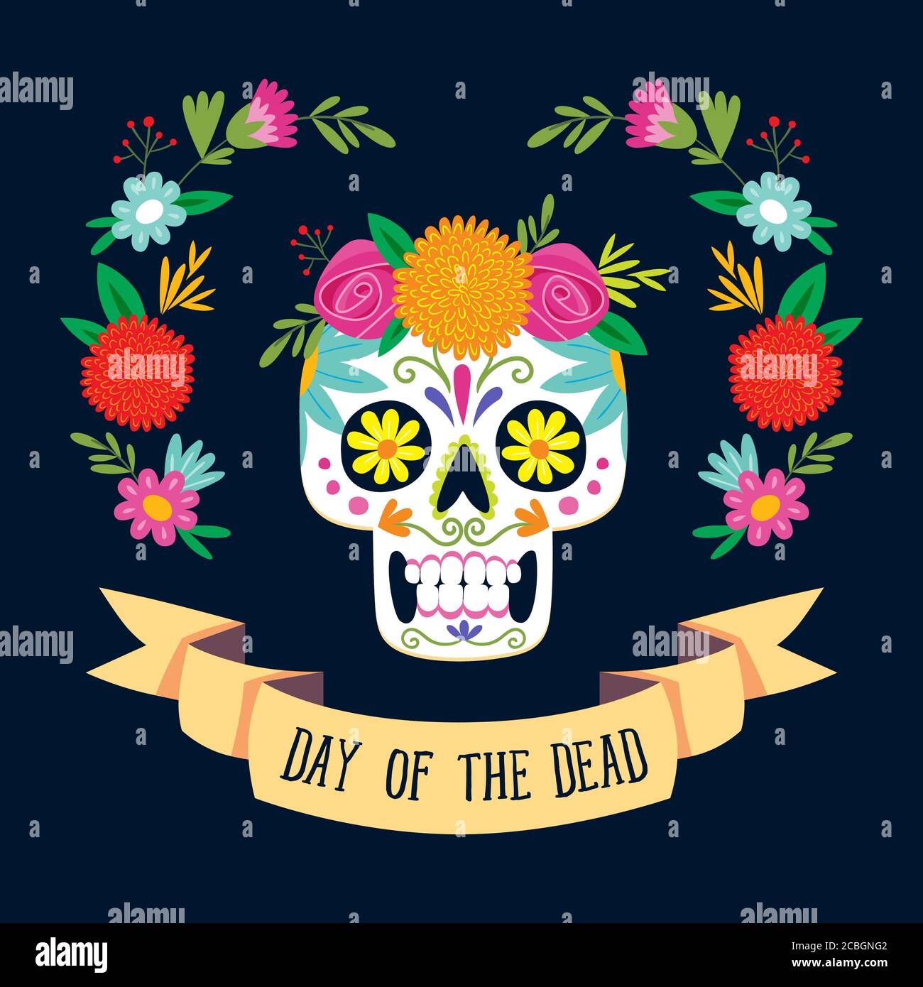 'Dia de los Muertos' (Tag der Toten) Karte mit englischem Text. Mexikanischer Zucker Totenkopf mit floraler Dekoration. Vektorgrafik. Stock Vektor