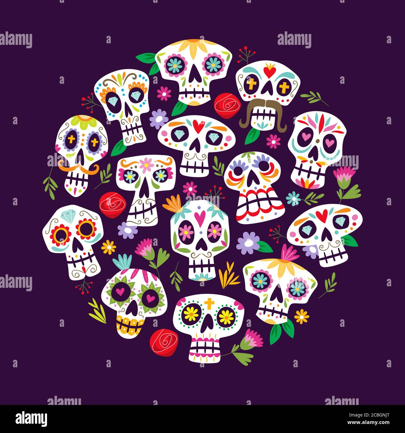 Bunte mexikanische Schädel Hintergrund. Niedliche „Dia de Muertos“-Karte. Mexikanischer Tag des Todes. Runde Form Muster, perfekt für Hintergründe und Begrüßung ca. Stock Vektor
