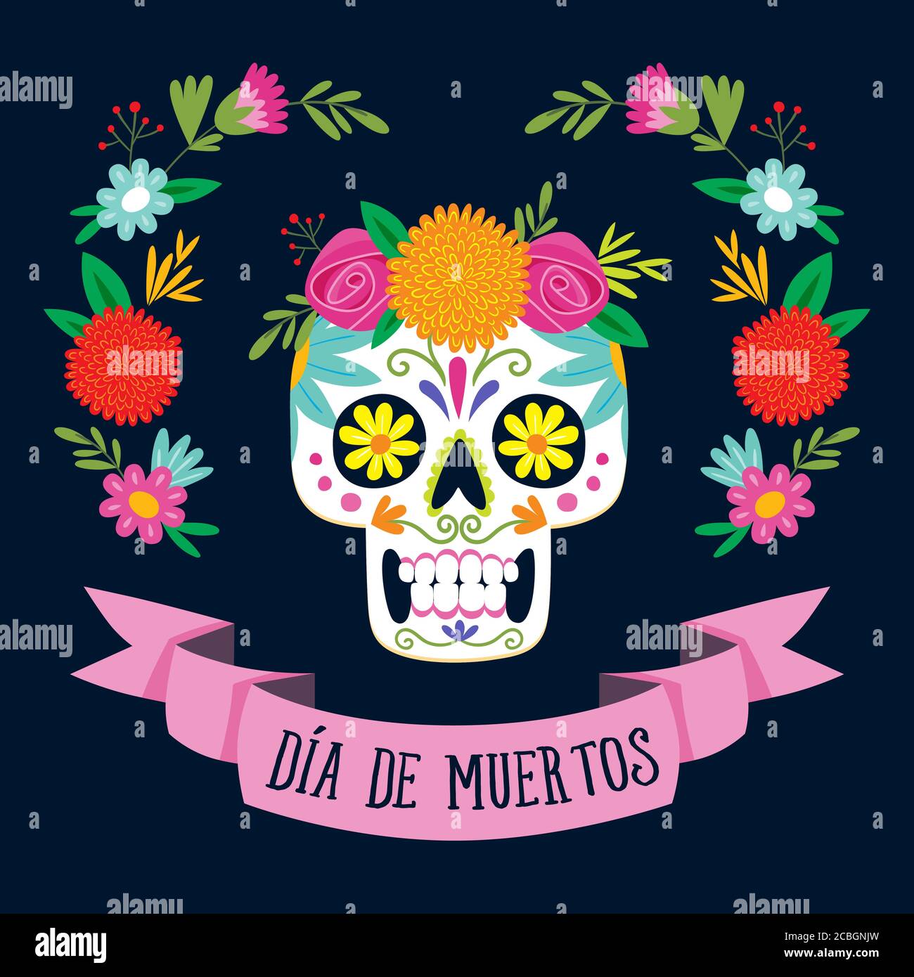 'Dia de los Muertos' (Tag der Toten) Karte mit spanischem Text. Mexikanischer Zucker Totenkopf mit floraler Dekoration. Vektorgrafik. Stock Vektor