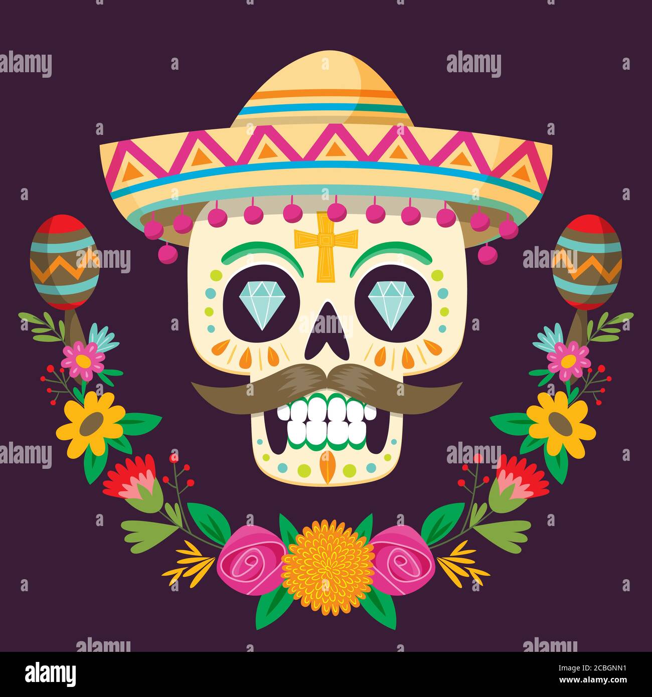 Plakat 'Dia de los Muertos' (Tag der Toten). Mexikanischer Zuckerschädel mit Hut, Blumen und 