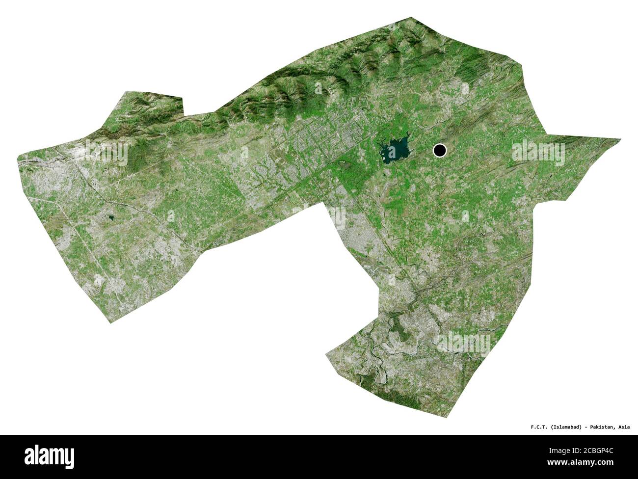 Form von F.C.T., Hauptgebiet von Pakistan, mit seiner Hauptstadt isoliert auf weißem Hintergrund. Satellitenbilder. 3D-Rendering Stockfoto