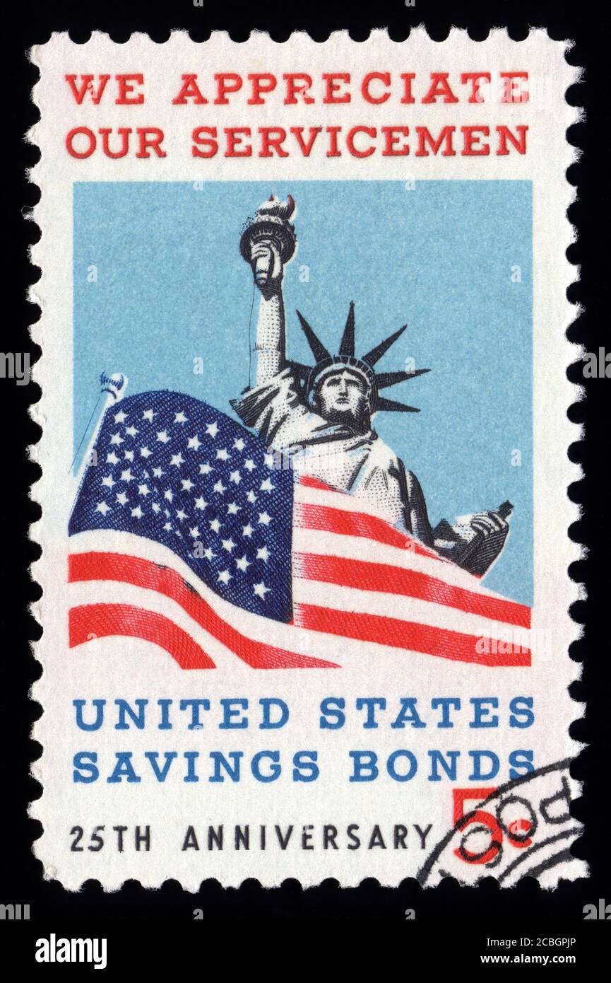 London, UK, 5. Februar 2011 - Vintage 1966 USA abgesagt Briefmarke zeigt ein Bild des 25. Jahrestages der Rettung von Anleihen mit dem Slogan We AP Stockfoto