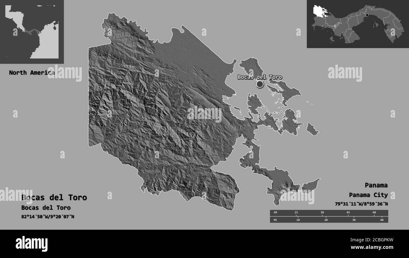 Form von Bocas del Toro, Provinz Panama, und seine Hauptstadt. Entfernungsskala, Vorschauen und Beschriftungen. Höhenkarte mit zwei Ebenen. 3D-Rendering Stockfoto