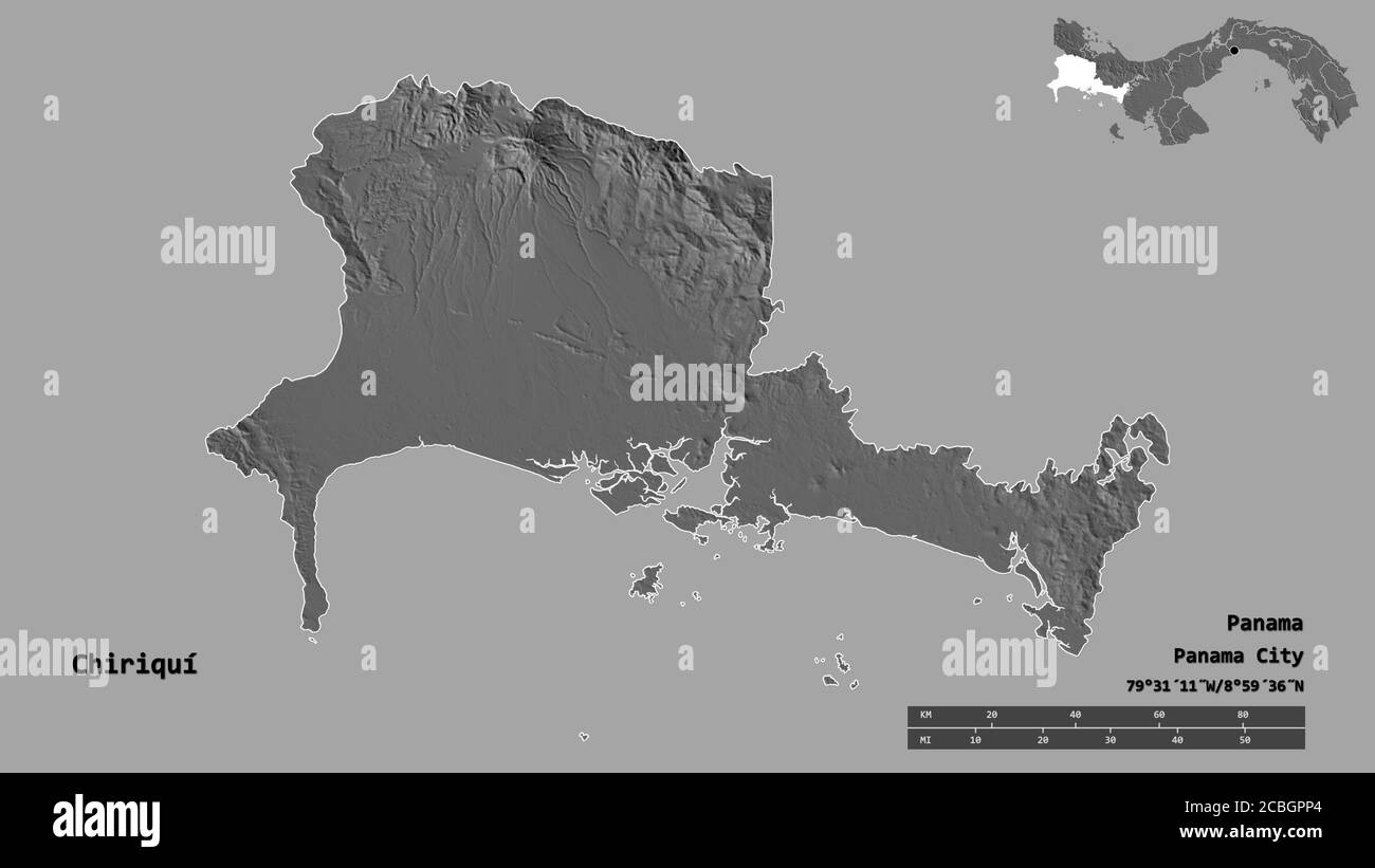 Form von Chiriquí, Provinz von Panama, mit seiner Hauptstadt auf festem Hintergrund isoliert. Entfernungsskala, Regionenvorschau und Beschriftungen. Höhenkarte mit zwei Ebenen Stockfoto