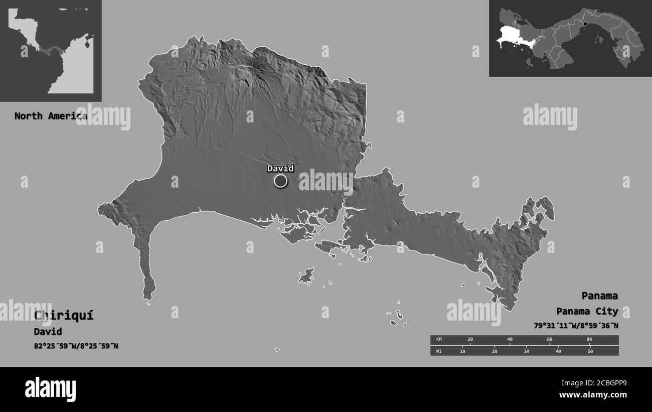 Form von Chiriquí, Provinz von Panama, und seine Hauptstadt. Entfernungsskala, Vorschauen und Beschriftungen. Höhenkarte mit zwei Ebenen. 3D-Rendering Stockfoto