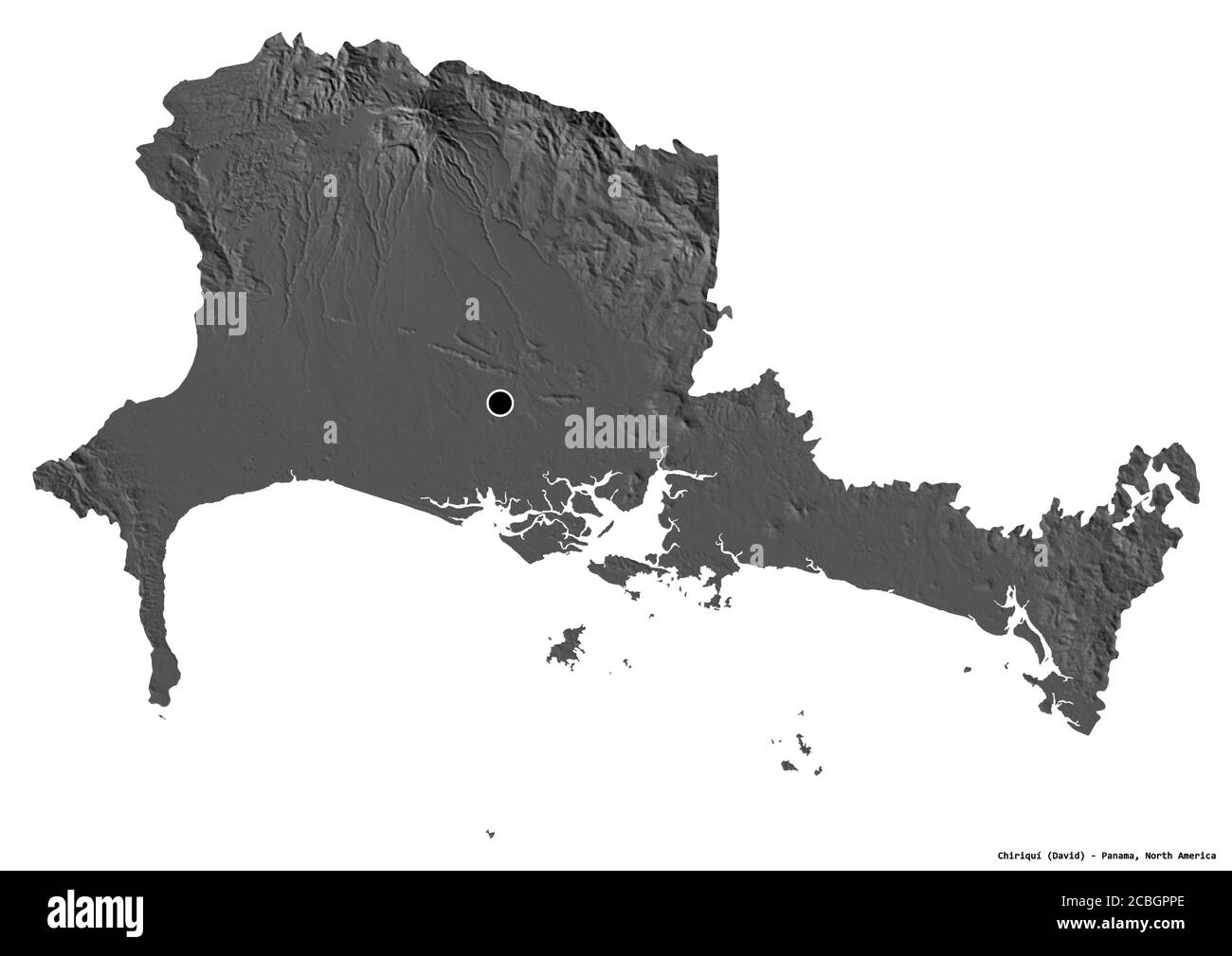 Form von Chiriquí, Provinz Panama, mit seiner Hauptstadt isoliert auf weißem Hintergrund. Höhenkarte mit zwei Ebenen. 3D-Rendering Stockfoto