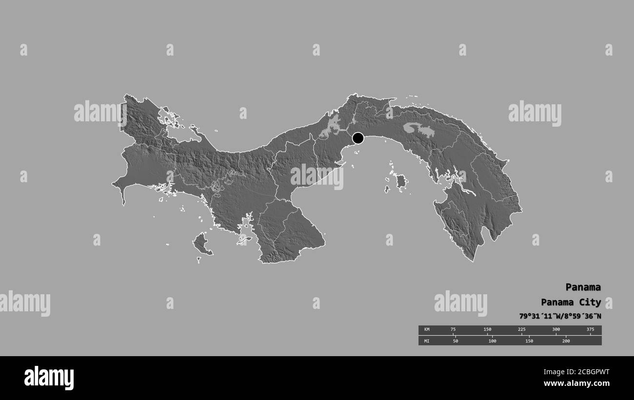 Entsättigte Form von Panama mit seiner Hauptstadt, der wichtigsten regionalen Teilung und der abgetrennten Coclé-Bereich. Beschriftungen. Höhenkarte mit zwei Ebenen. 3D-Rendering Stockfoto
