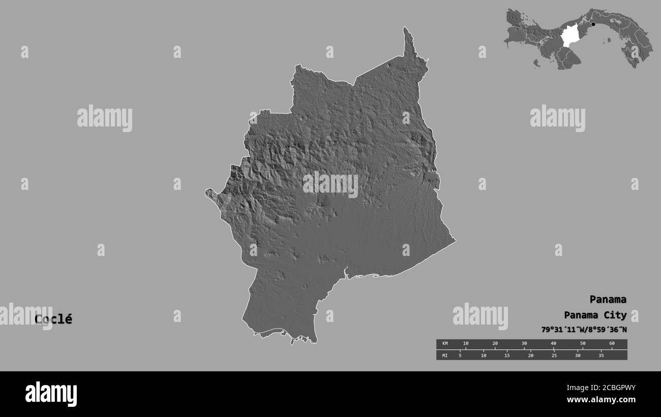 Form von Coclé, Provinz von Panama, mit seiner Hauptstadt auf festem Hintergrund isoliert. Entfernungsskala, Regionenvorschau und Beschriftungen. Höhenkarte mit zwei Ebenen. 3 Stockfoto