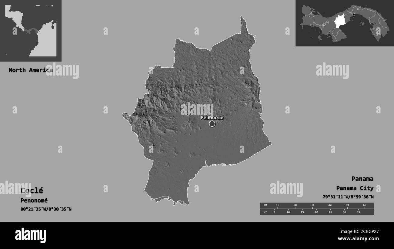 Form von Coclé, Provinz Panama, und seine Hauptstadt. Entfernungsskala, Vorschauen und Beschriftungen. Höhenkarte mit zwei Ebenen. 3D-Rendering Stockfoto