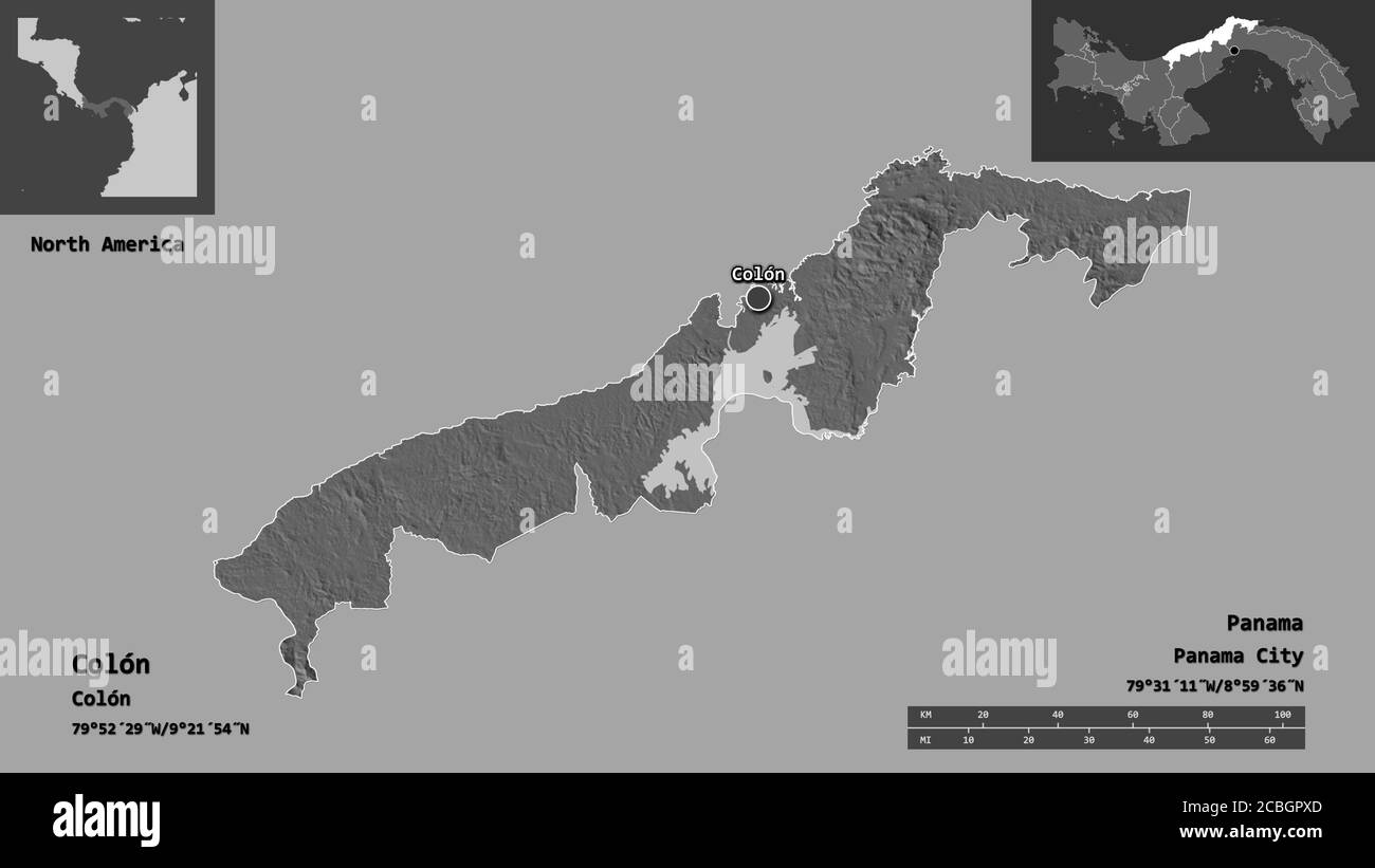 Form von Colón, Provinz von Panama, und seine Hauptstadt. Entfernungsskala, Vorschauen und Beschriftungen. Höhenkarte mit zwei Ebenen. 3D-Rendering Stockfoto