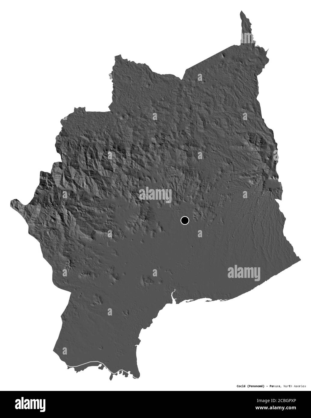Form von Coclé, Provinz Panama, mit seiner Hauptstadt isoliert auf weißem Hintergrund. Höhenkarte mit zwei Ebenen. 3D-Rendering Stockfoto