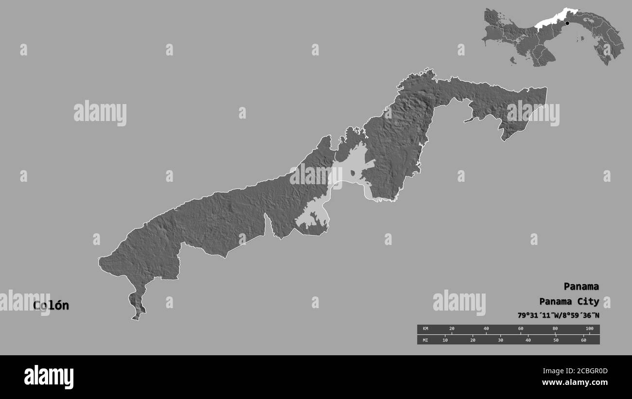 Form von Colón, Provinz von Panama, mit seiner Hauptstadt auf festem Hintergrund isoliert. Entfernungsskala, Regionenvorschau und Beschriftungen. Höhenkarte mit zwei Ebenen. 3 Stockfoto