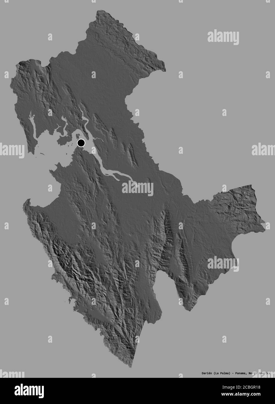 Form von Darién, Provinz Panama, mit seiner Hauptstadt isoliert auf einem einfarbigen Hintergrund. Höhenkarte mit zwei Ebenen. 3D-Rendering Stockfoto