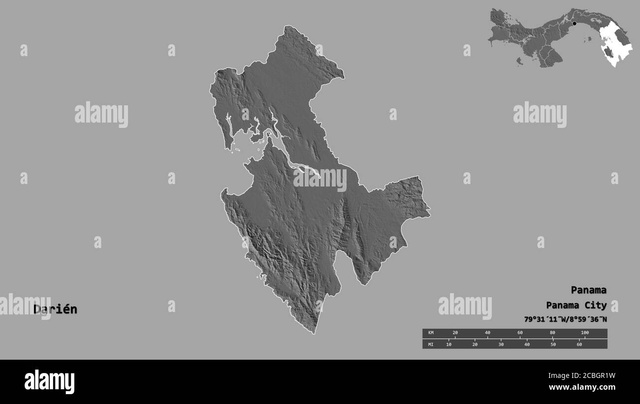Form von Darién, Provinz Panama, mit seiner Hauptstadt auf festem Hintergrund isoliert. Entfernungsskala, Regionenvorschau und Beschriftungen. Höhenkarte mit zwei Ebenen. Stockfoto